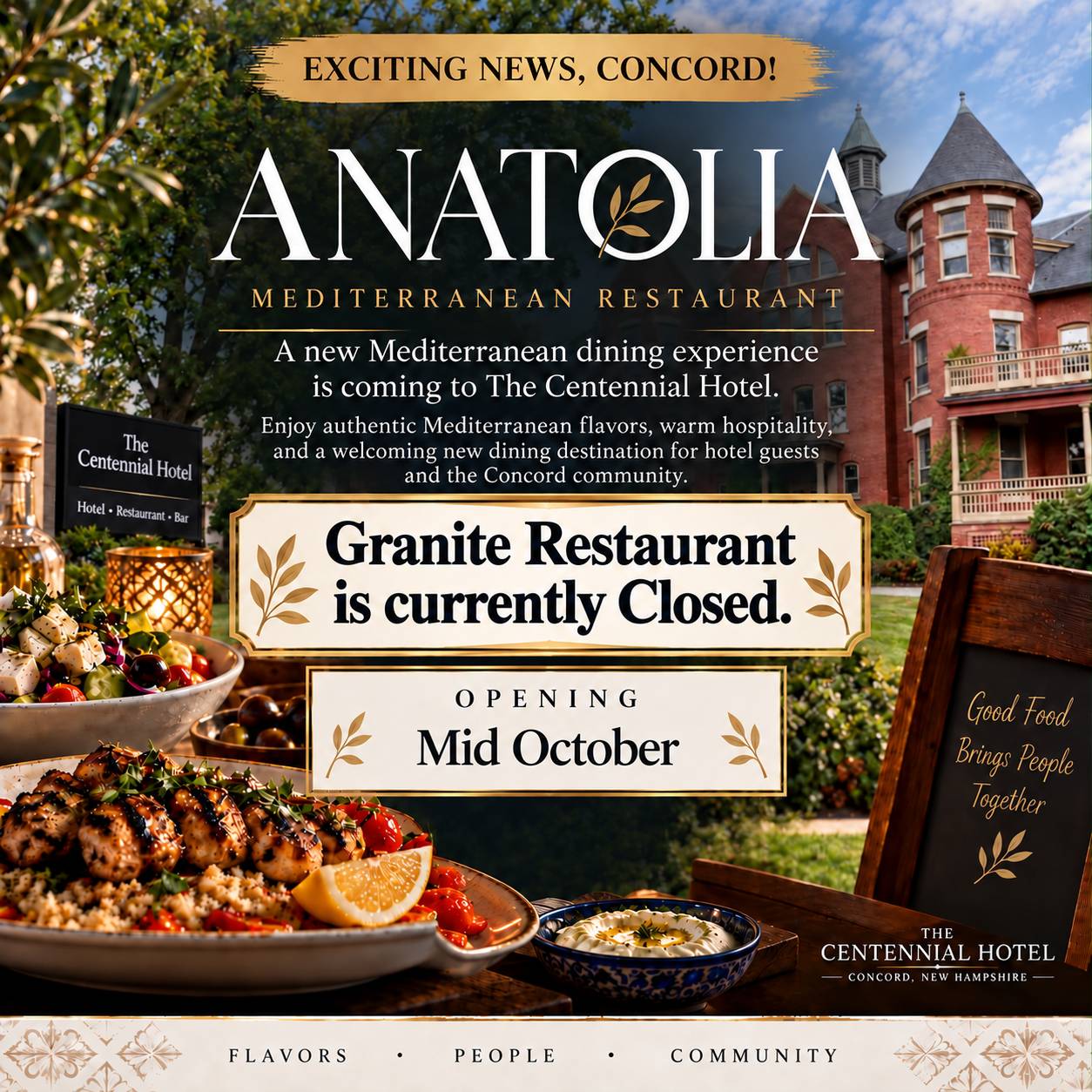 Anatolia Mediterranean Restaurant opening soon at The Centennial Hotel. Granite Restaurant is currently closed. Targeted opening: first week of October 2026.